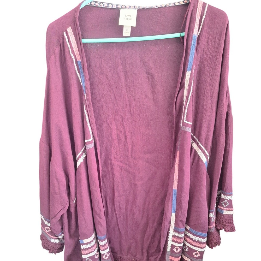 Knox Rose Desert Sunset Kimono Burgundy‎ Boho Embroidered Fringe Tassel Small - Picture 2 of 8